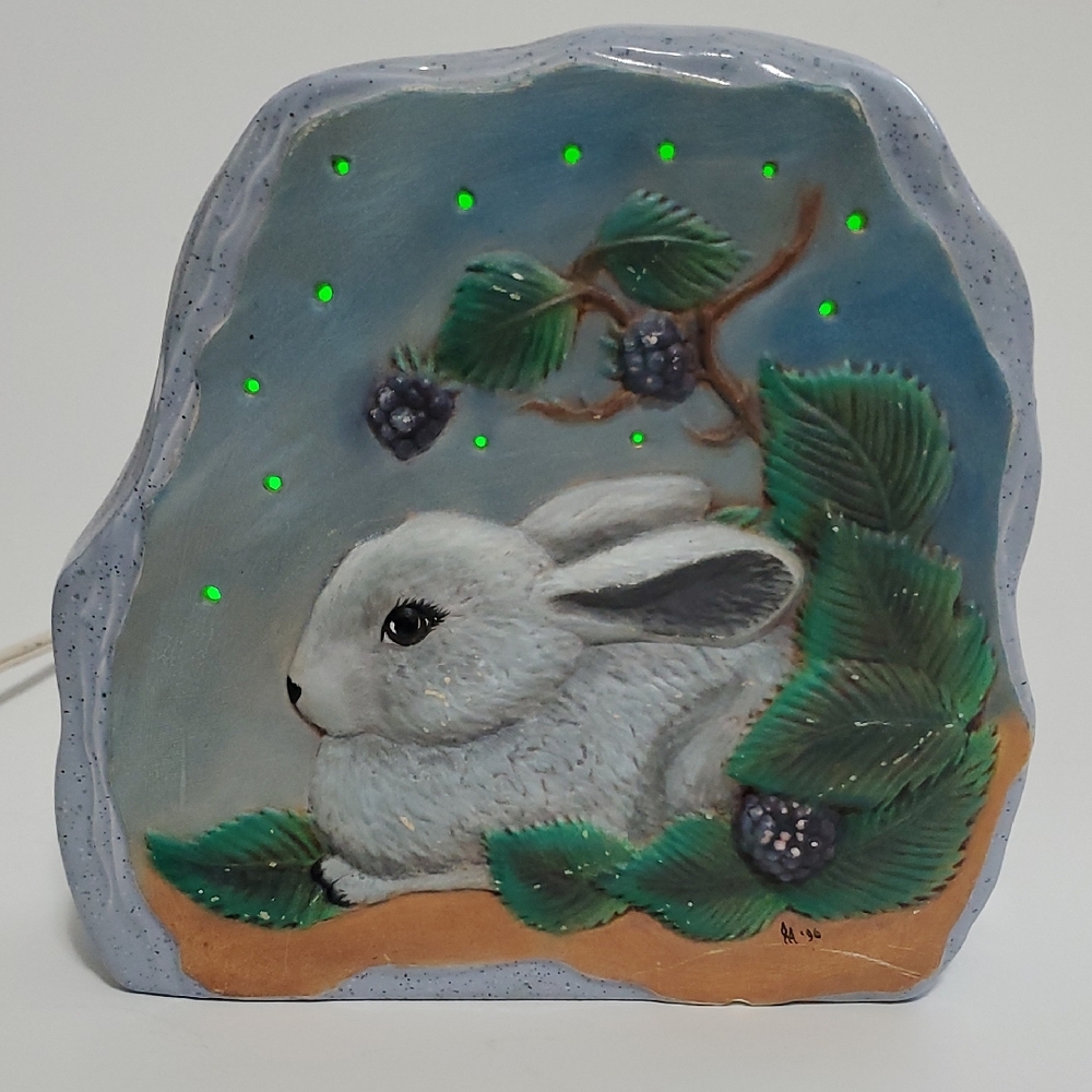 Vintage Forest Bunny with Berries Ceramic Night Light, Handpainted and Signed